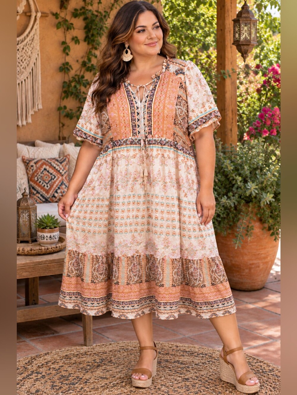 Umger Boho Floral Tiered Midi Dress